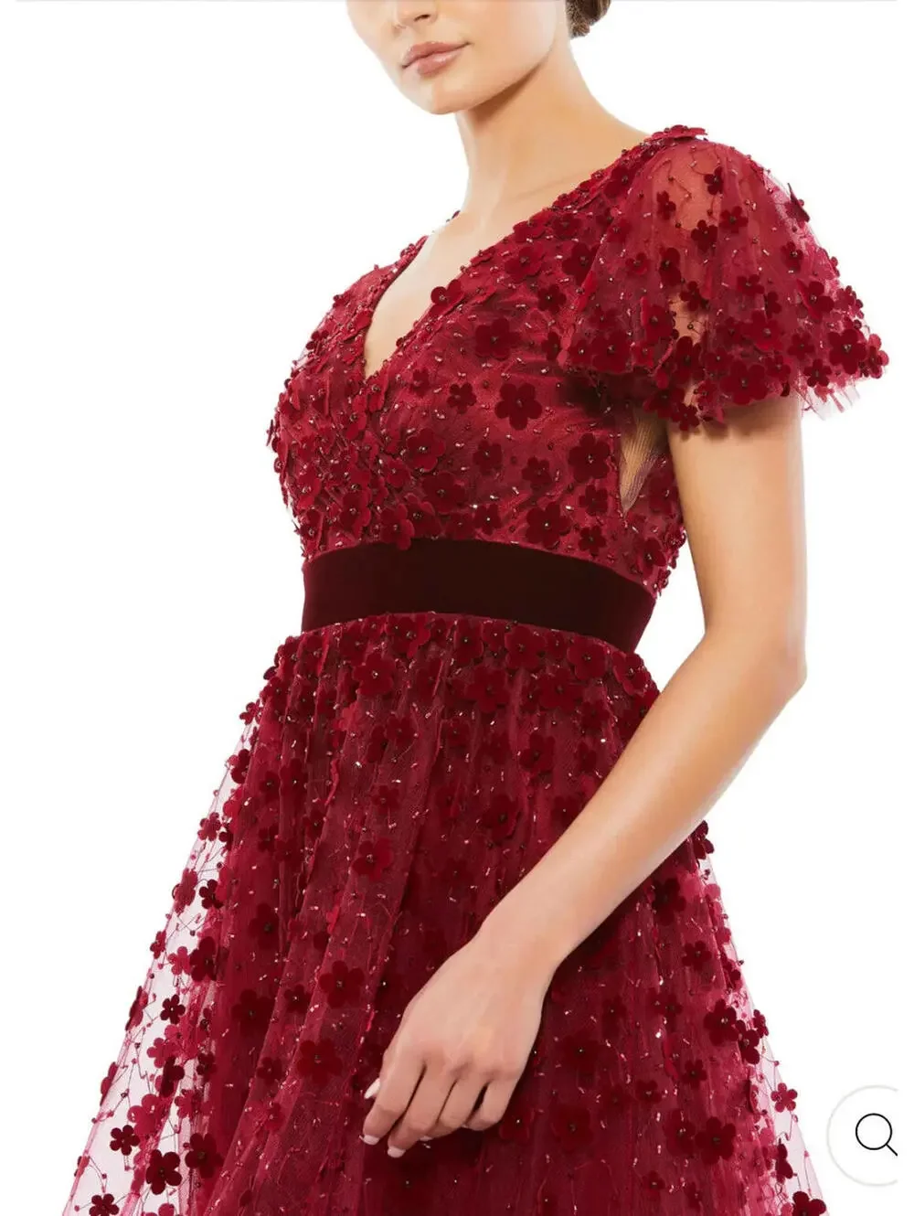 New Mac Duggal EMBELLISHED BUTTERFLY SLEEVE VELVET HEM MIDI DRESS Burgundy Sz 2 - Picture 3 of 9